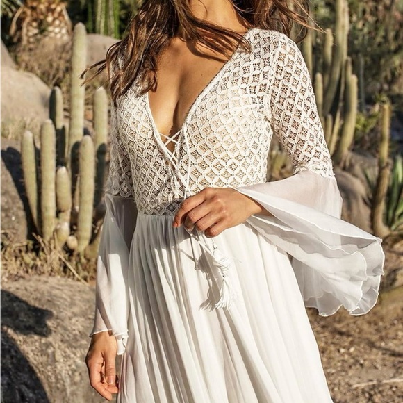 Bsubseach White Chiffon Bell Sleeve Beach Long Dresses - Picture 2 of 5